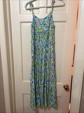 Blue and Green Floral Tie-Strap Maxi Dress